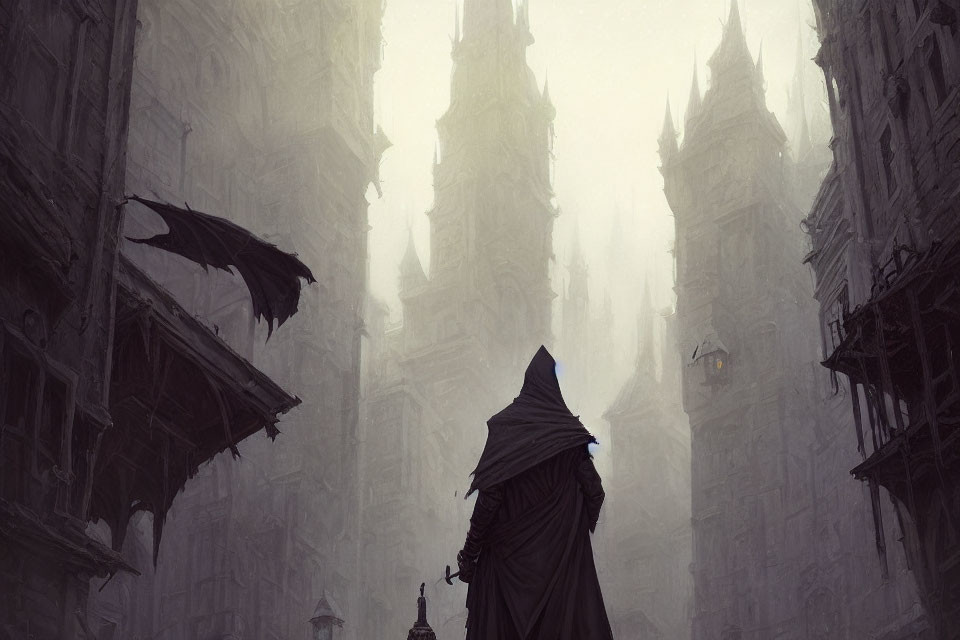 Mysterious cloaked figure in foggy gothic cityscape with spires and winged creature