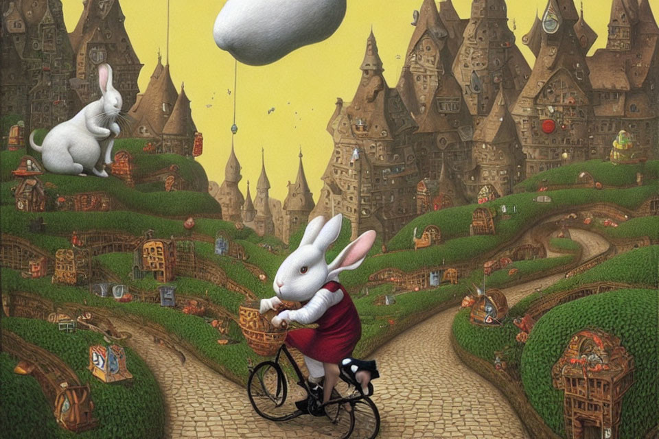 Anthropomorphic rabbits in surreal landscape with whimsical castle-like houses