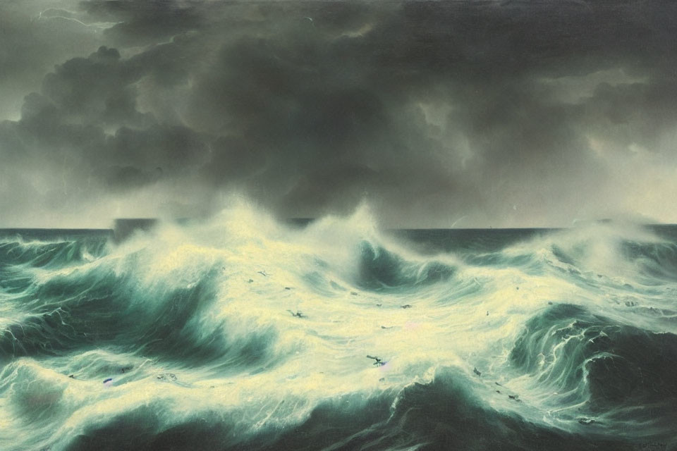 Tumultuous ocean under stormy sky with crashing waves
