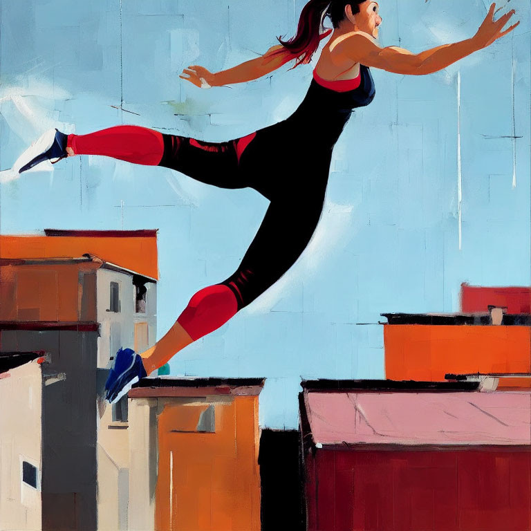 Athletic woman leaps above city rooftops in vibrant scene