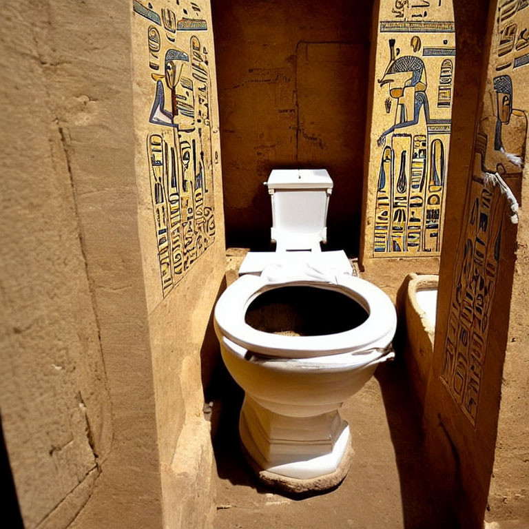 Modern white toilet next to ancient Egyptian tomb with hieroglyphics