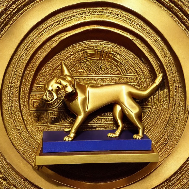 Golden Dog Statue on Blue Platform with Intricate Golden Background
