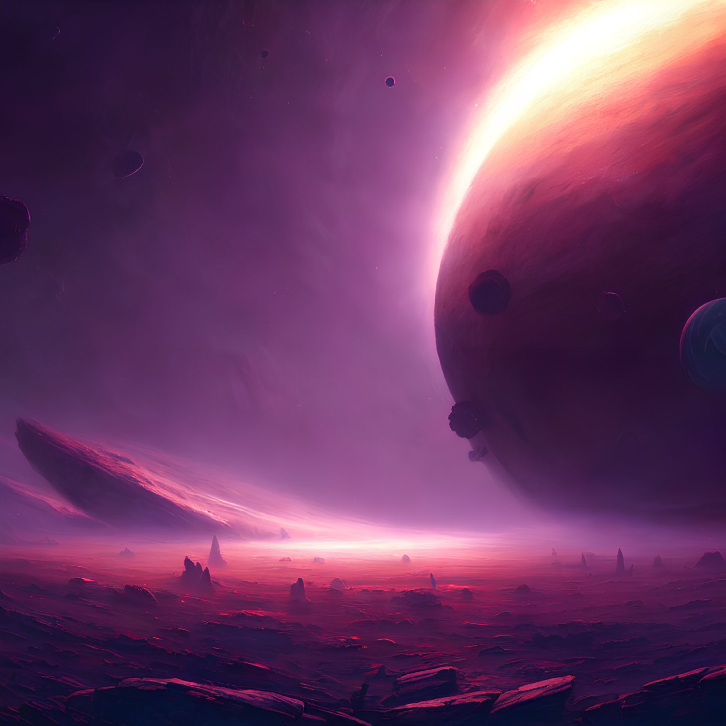 Sci-fi landscape with glowing sun over alien planet and asteroids