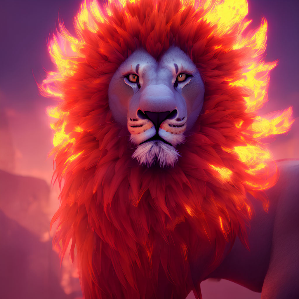 Majestic animated lion with fiery red mane in dusky purple sky