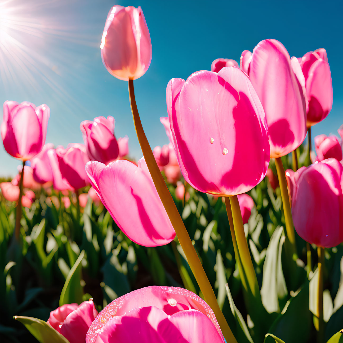 Bright Pink Tulips in Sunlit Sky with Dewdrops