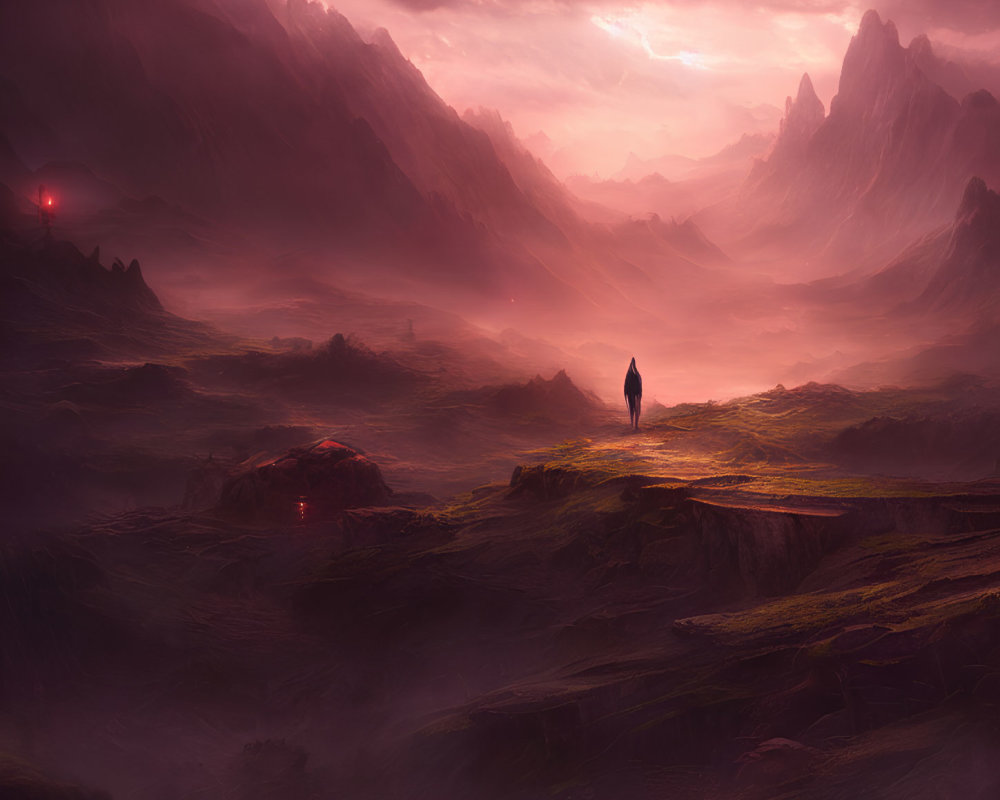 Solitary figure on cliff overlooking mystical landscape with rugged mountains and glowing lights