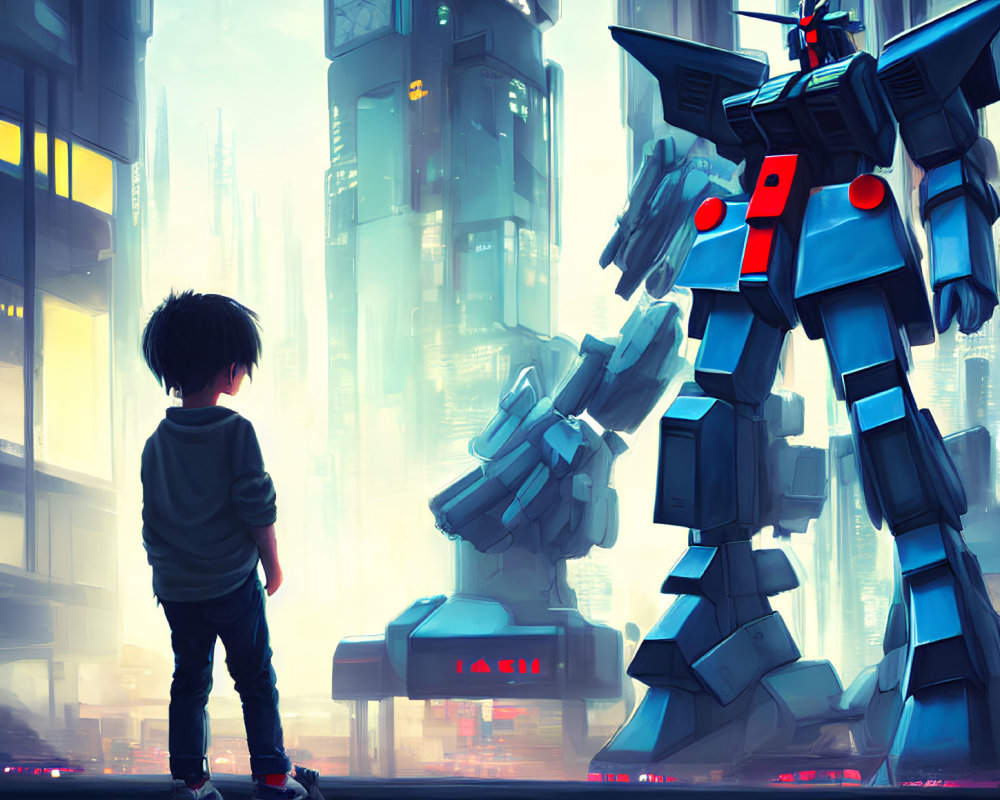 Young boy confronts giant robot in futuristic cityscape.