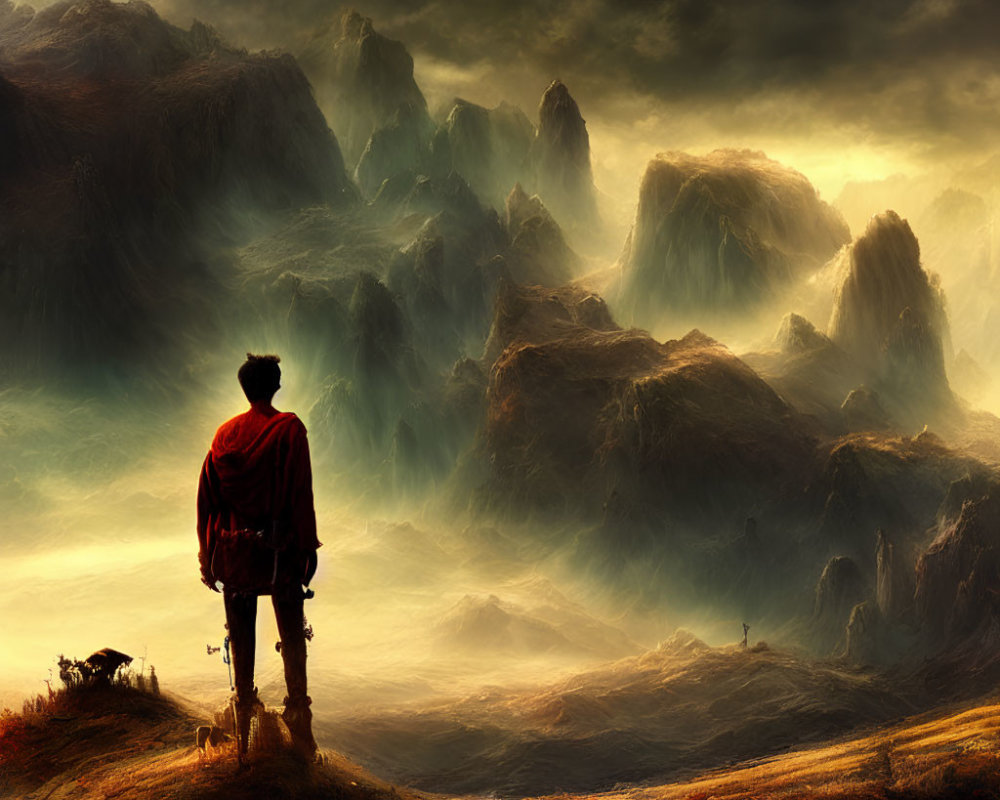 Solitary figure in red cloak gazes at misty mountains