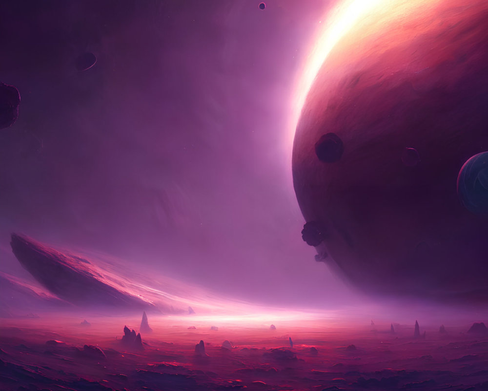 Sci-fi landscape with glowing sun over alien planet and asteroids