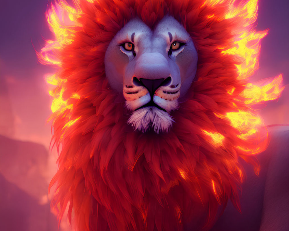 Majestic animated lion with fiery red mane in dusky purple sky