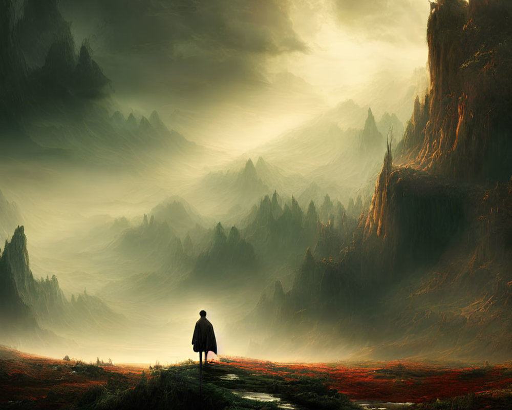 Lone figure in misty landscape with cliffs and peaks