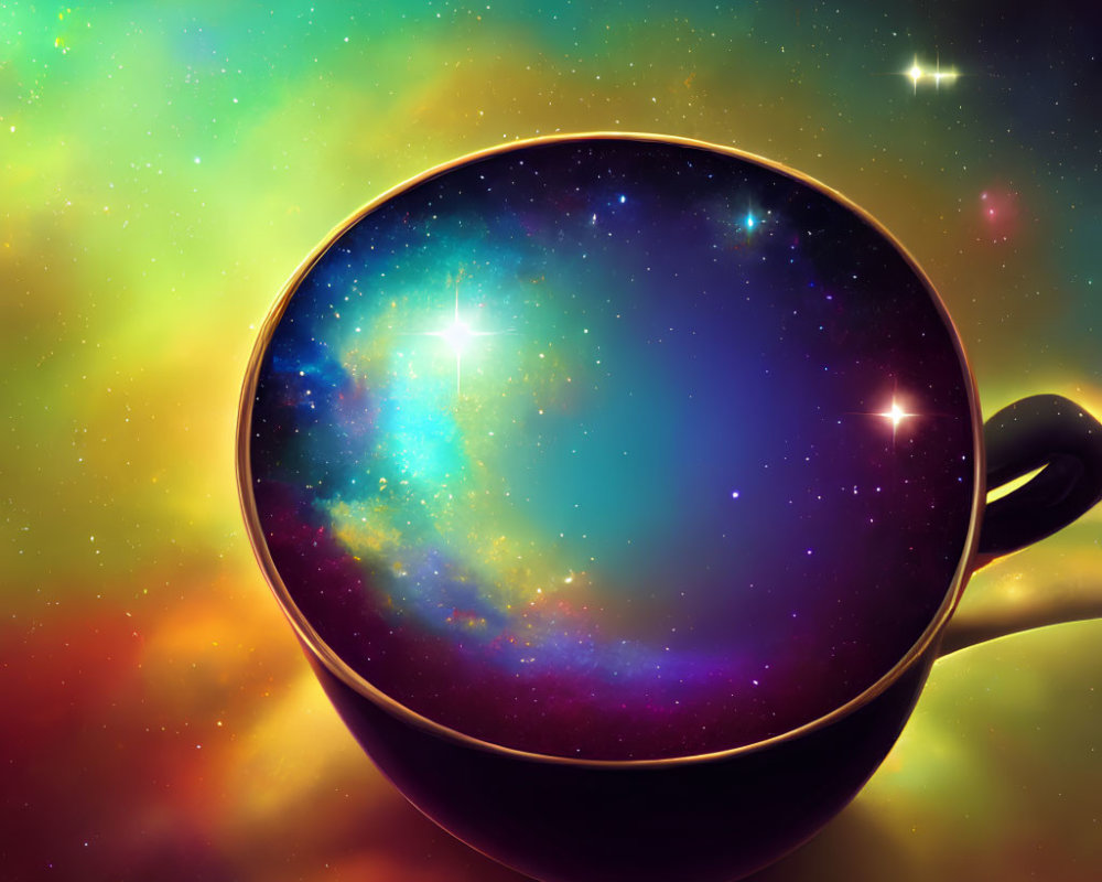 Coffee Cup with Cosmic Scene on Vibrant Space Background