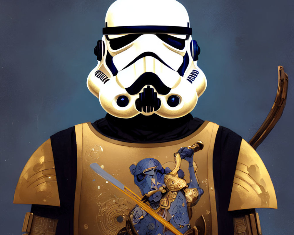 Stormtrooper with samurai armor holding sword on blue background