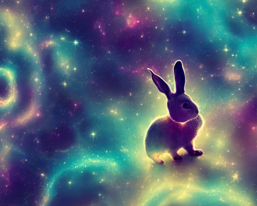Rabbit on Vibrant Cosmic Background with Galaxies