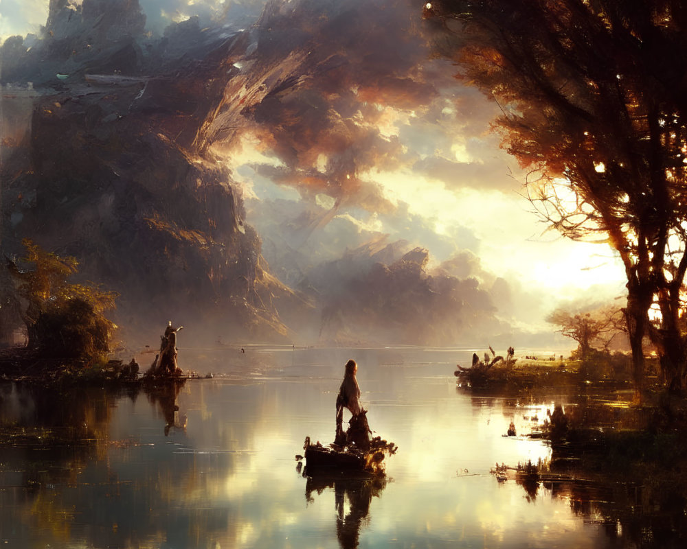 Tranquil fantasy landscape with small boats on serene lake