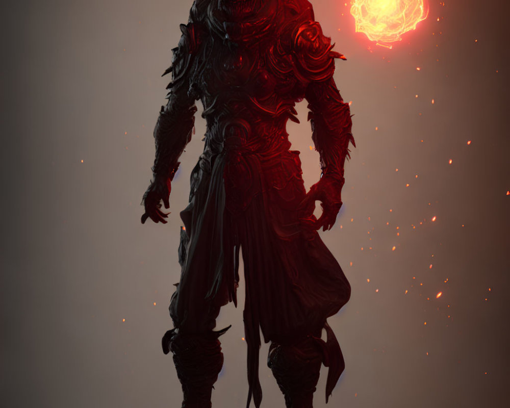 Red Armored Demon with Glowing Eyes and Fiery Orb