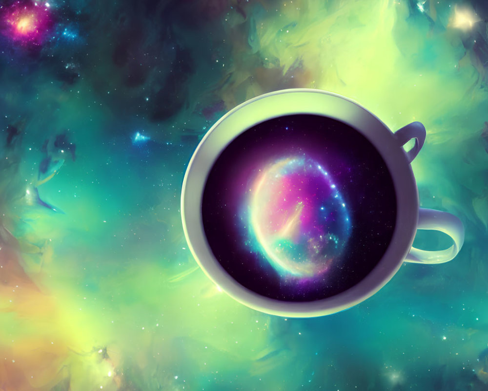 Vibrant galaxy swirling in coffee cup with colorful nebulae and stars