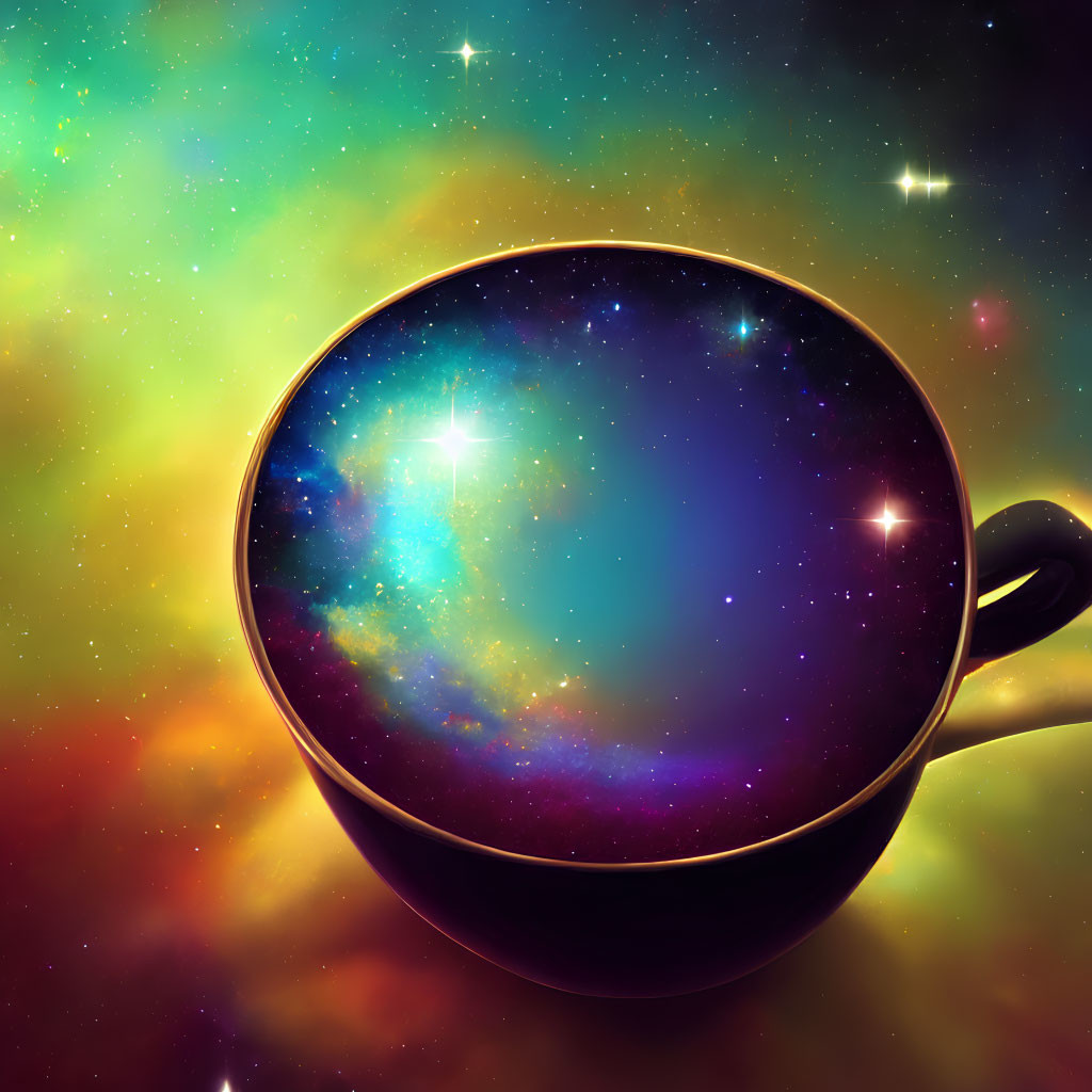 Coffee Cup with Cosmic Scene on Vibrant Space Background