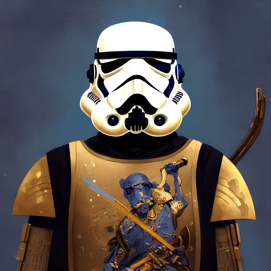 Stormtrooper with samurai armor holding sword on blue background
