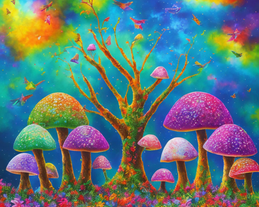 Colorful Mushroom Fantasy Scene Under Starry Nebula Sky
