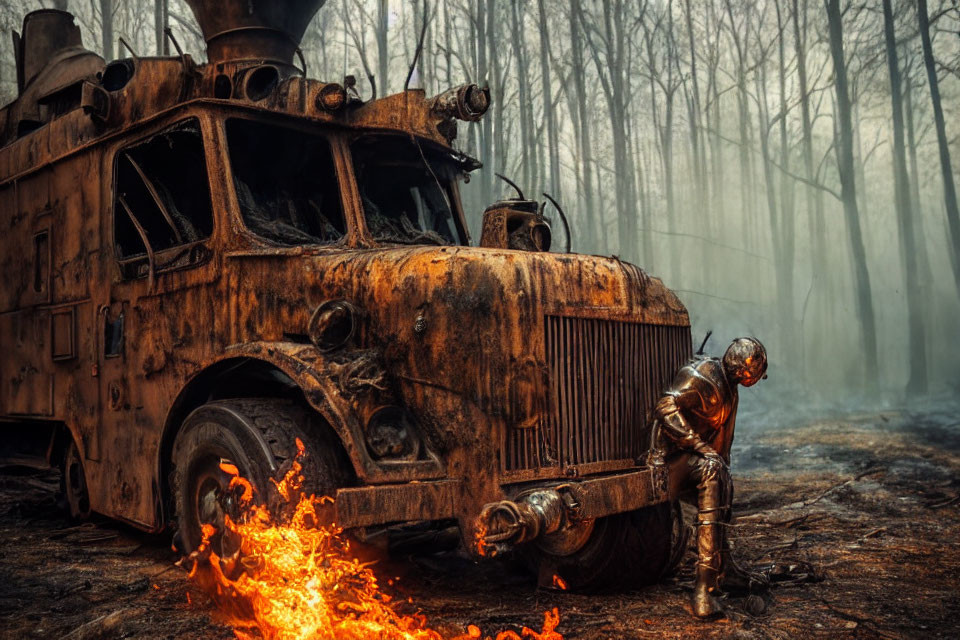Firefighter near burnt-out truck in smoky forest with small flame