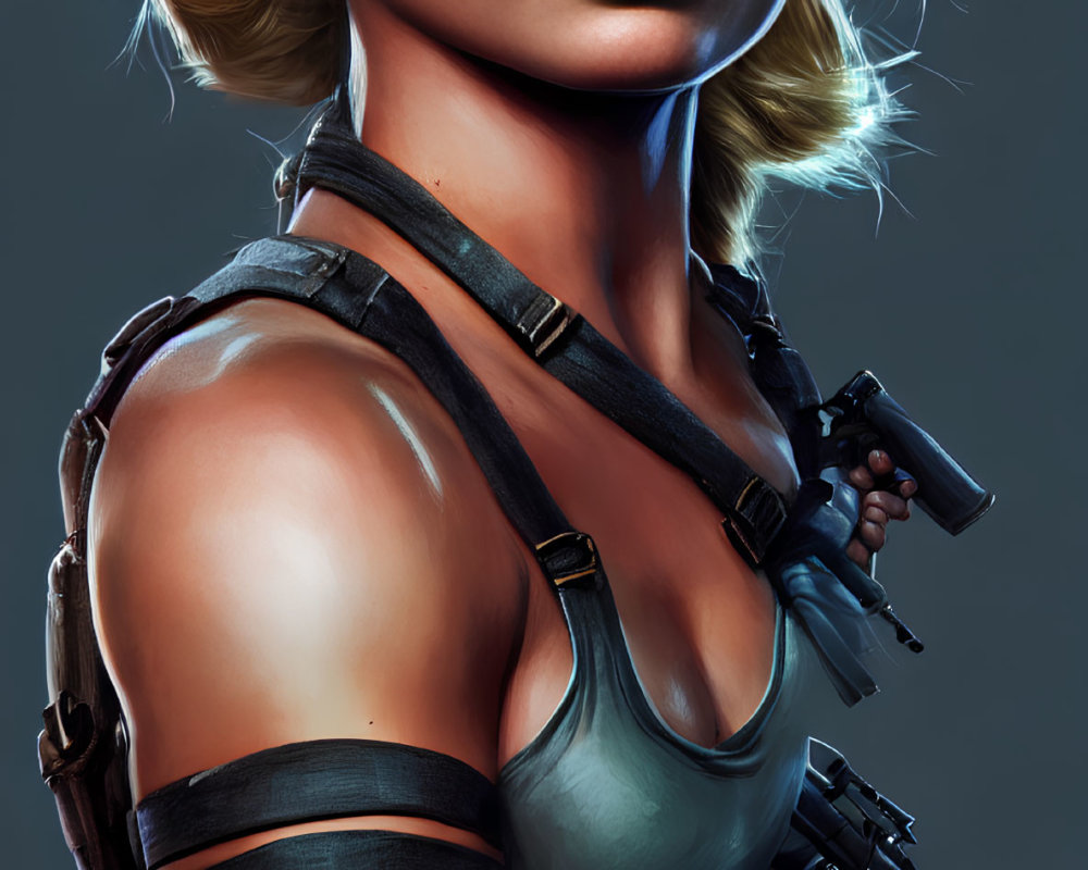 Blonde woman in tank top with gun in futuristic soldier style