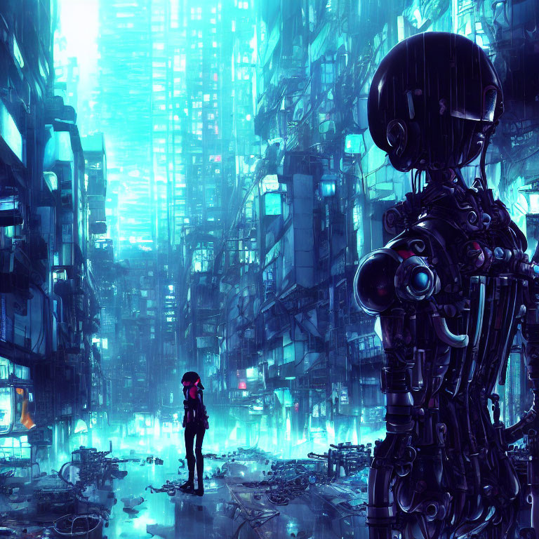 Cybernetic figure in neon-lit futuristic cityscape overlooking human in rain-soaked alley