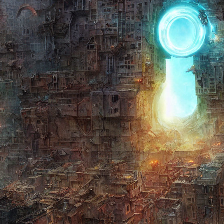 Dystopian cityscape with glowing portal and flying craft