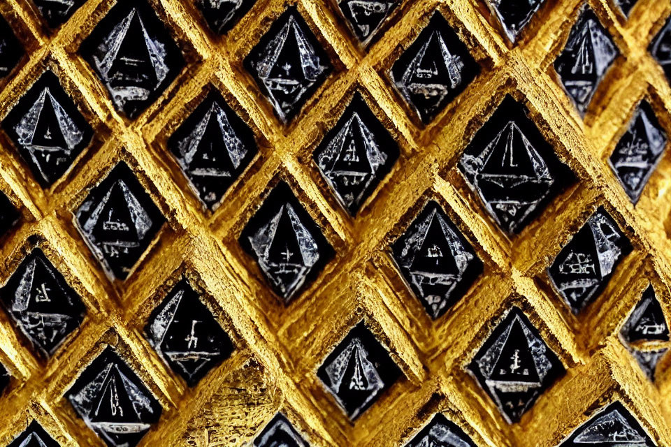 Golden lattice structure with black inlay and triangular patterns: Luxurious and ornate texture