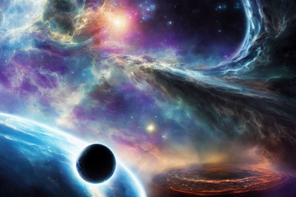 Colorful cosmic scene: nebula, stars, blue planet, black hole, fiery planet