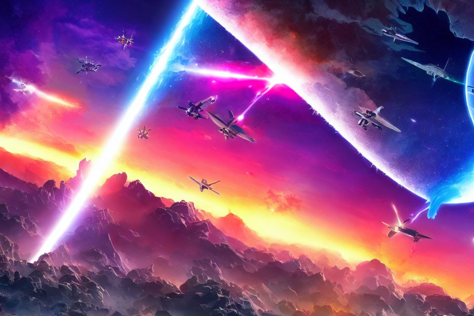 Colorful space battle illustration with vibrant lasers in cosmic backdrop