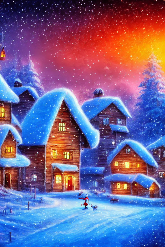 Snow-covered houses in vibrant twilight with falling snowflakes