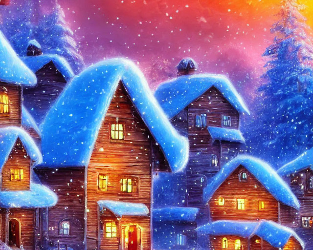 Snow-covered houses in vibrant twilight with falling snowflakes