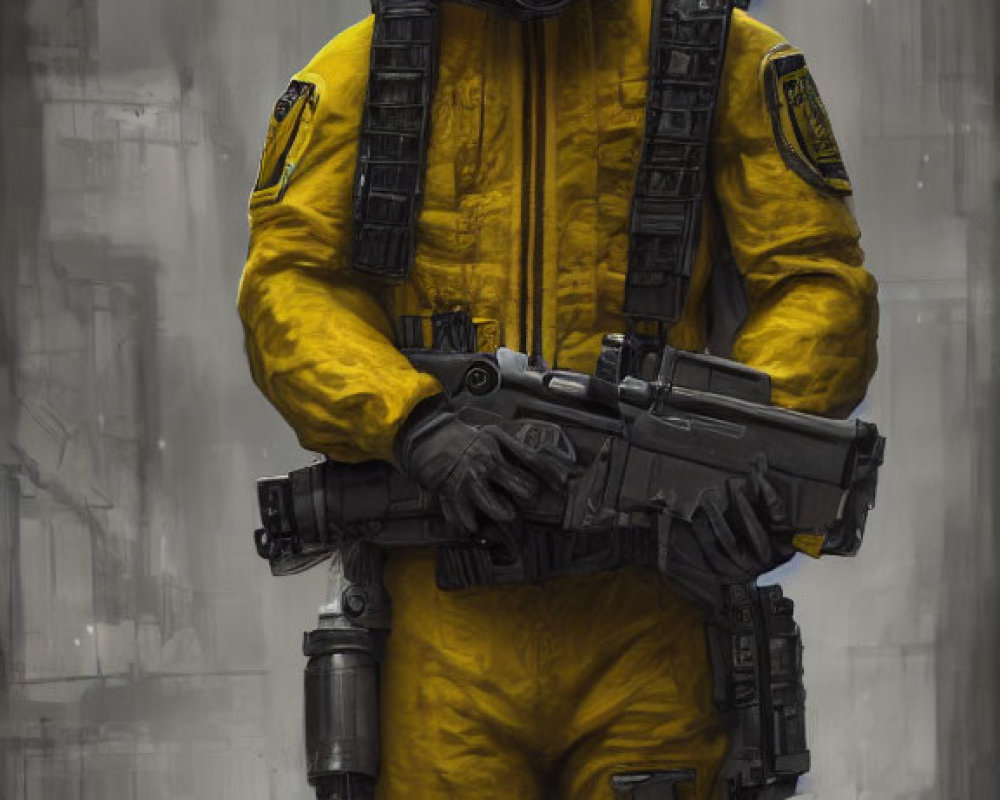 Person in Yellow Hazmat Suit with Gas Mask and Tactical Weapon on Grey Background