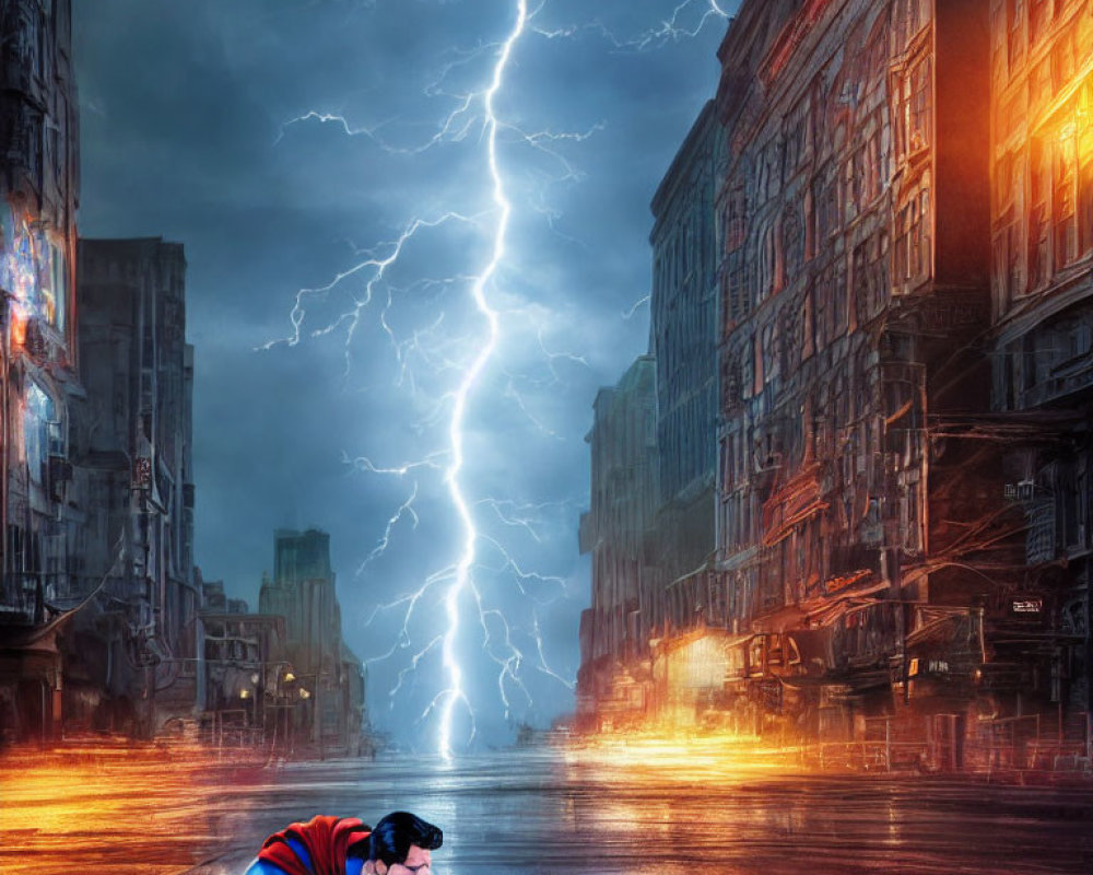 Superman digital art: defeated superhero in city street scene