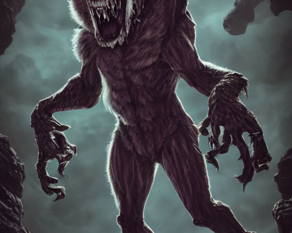 Menacing werewolf-like creature with horns and claws under moonlit sky