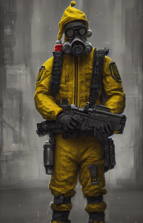 Person in Yellow Hazmat Suit with Gas Mask and Tactical Weapon on Grey Background