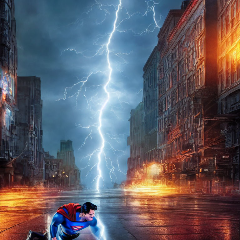 Superman digital art: defeated superhero in city street scene