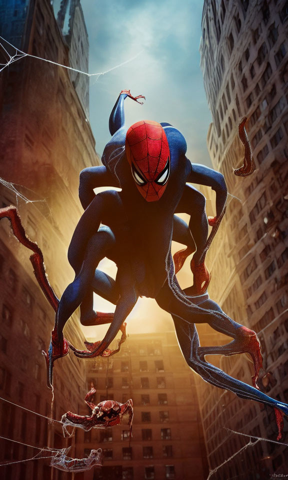 Superhero in action between buildings with webbing and cityscape backdrop.