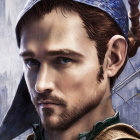 Digital artwork: Elf with blue eyes, silver circlet, detailed green garb, mythical aura.