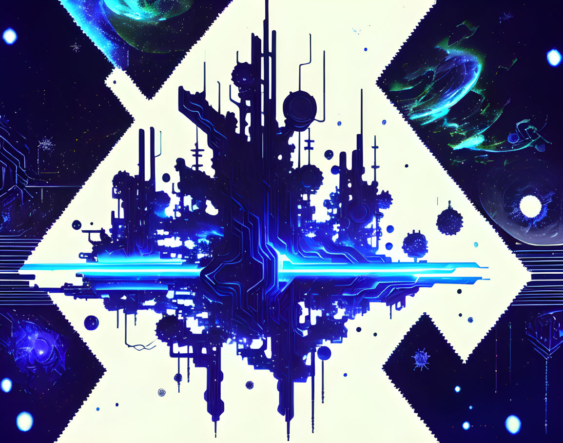 Abstract cosmic cityscape with symmetrical structures in starry space.