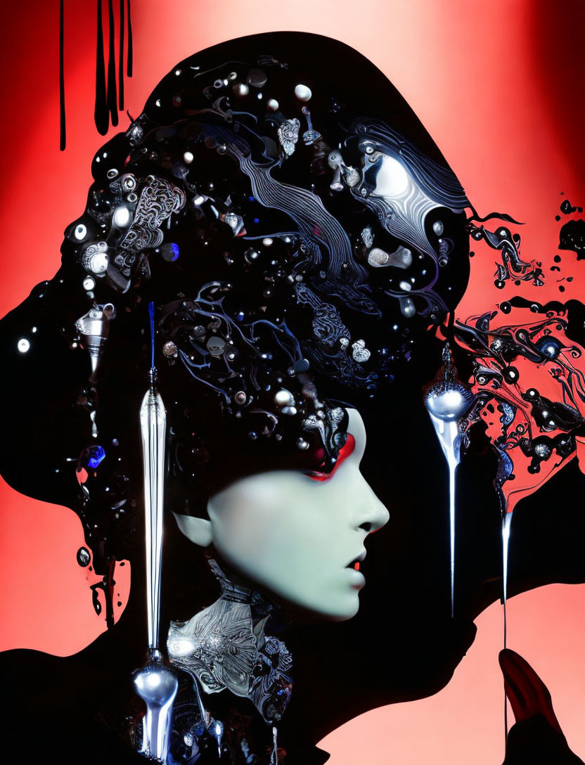 Surreal humanoid art with glossy black headpiece on red background