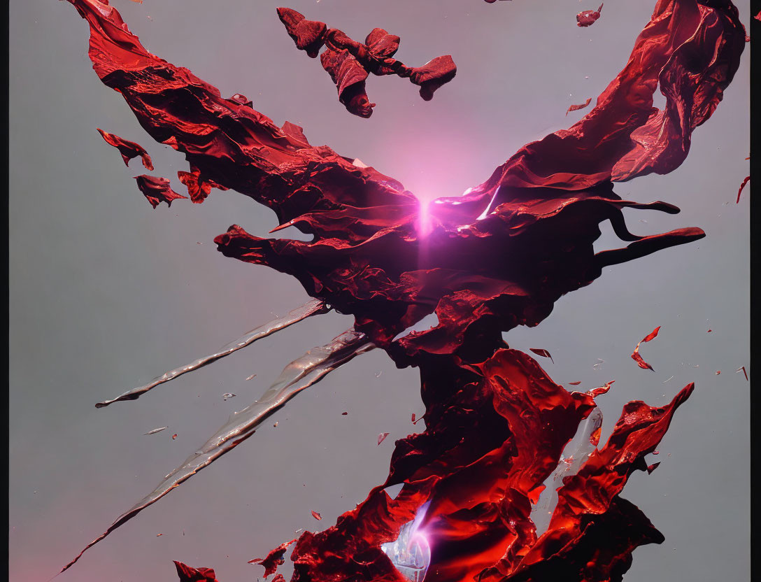 Vivid abstract image of red crystalline fragments exploding on dark background