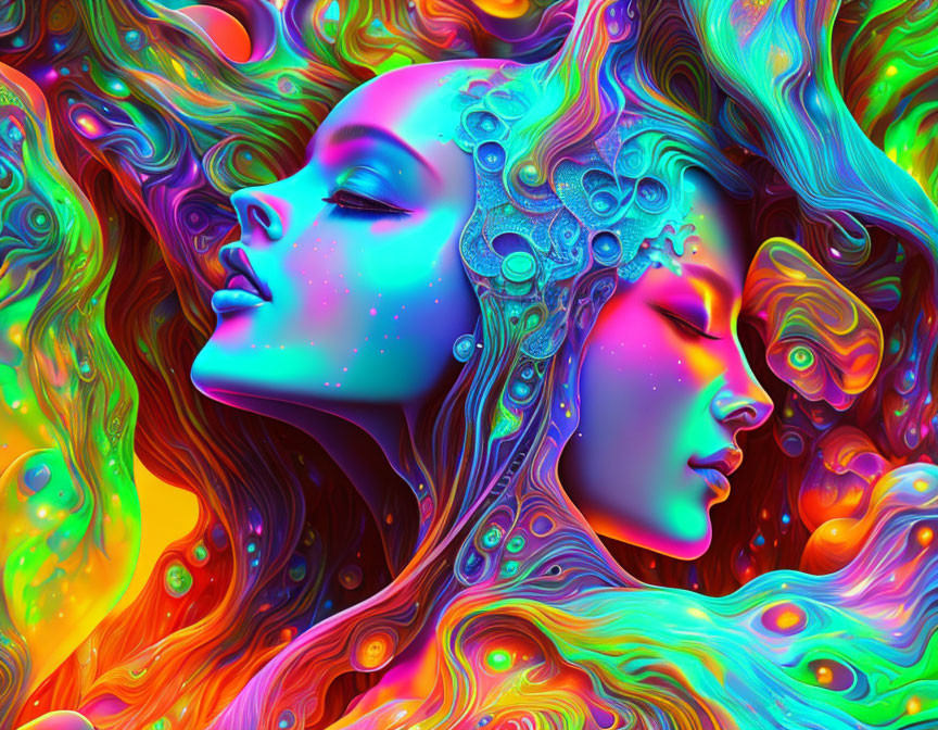 Colorful Psychedelic Artwork: Women's Faces Blend in Swirling Patterns