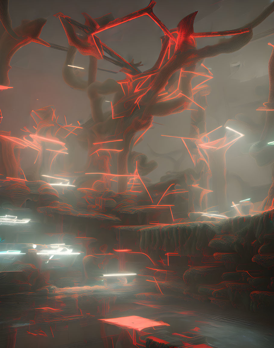 Neon-lit surreal landscape with red tree-like structures and misty rock formations