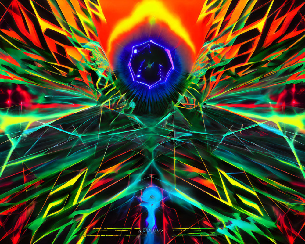 Symmetrical abstract digital art in green, red, and blue hues with humanoid figure on kaleidosc