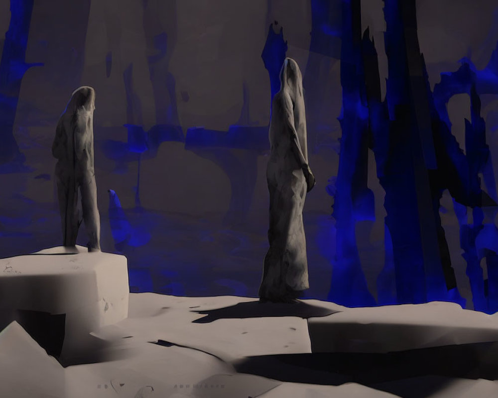 Hooded figures in shadowy landscape with rock formations