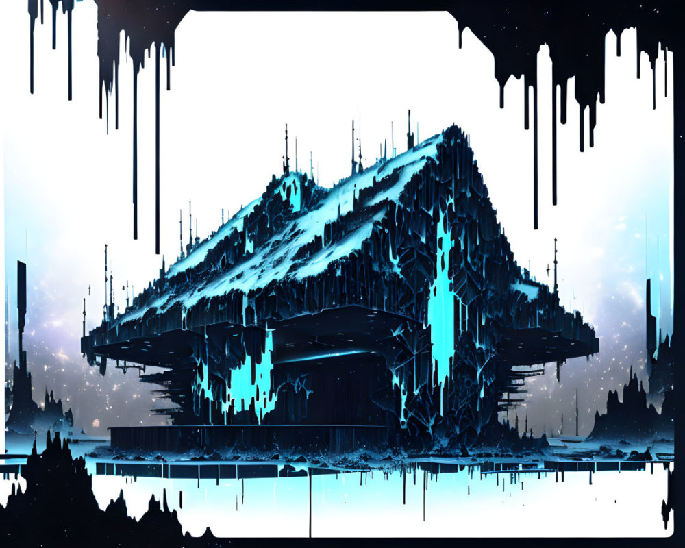 Futuristic floating mountain with icy features and blue glowing elements in starlit sky