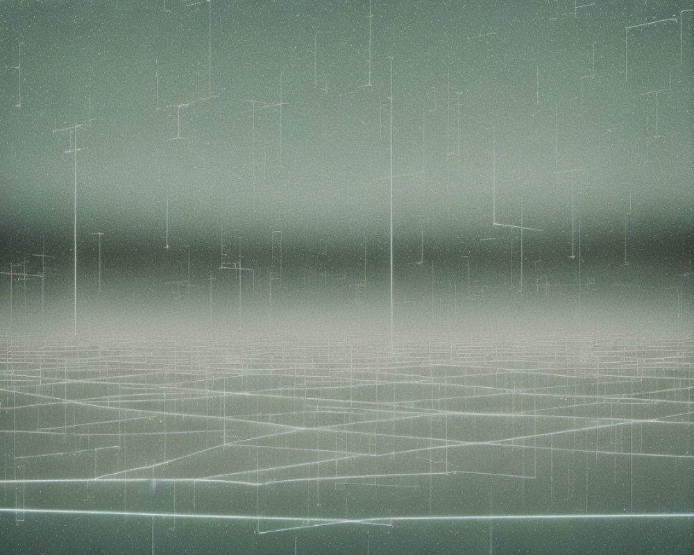 Surreal foggy landscape with grid lines and abstract shapes