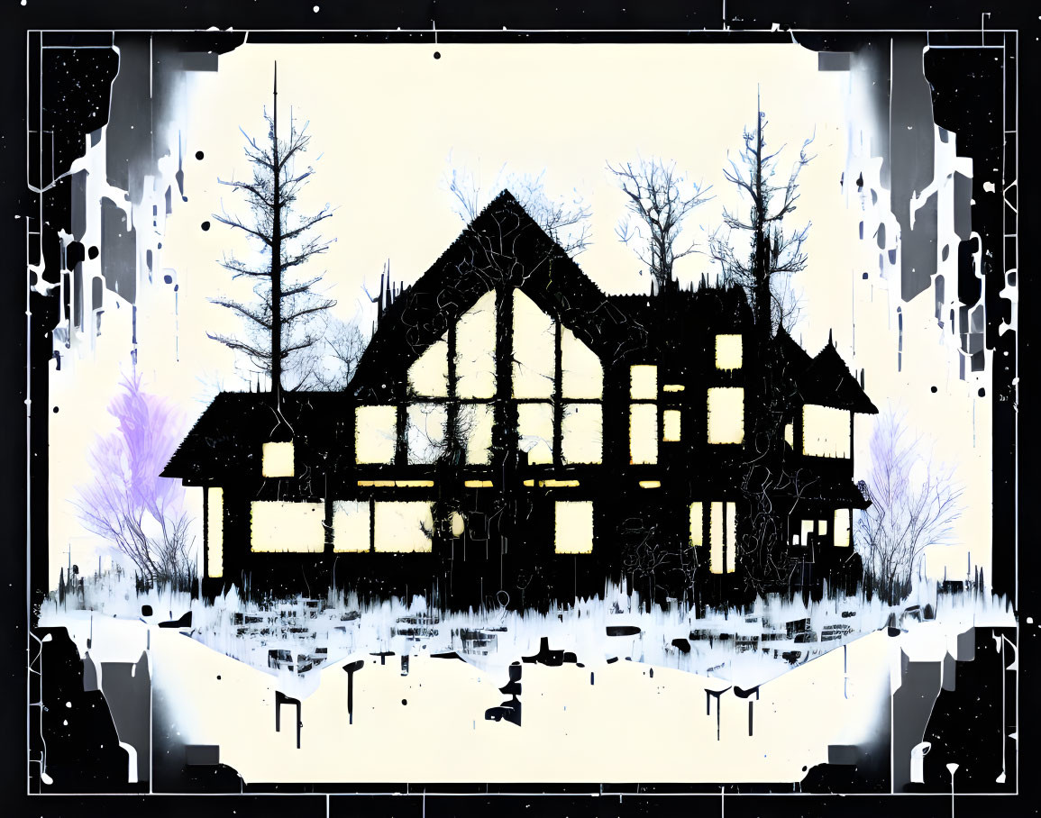 Stylized black and white winter scene with glowing house and snowflakes